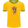 Highland Cattle Cow Scotland Scottish Mens White Ringer T-Shirt Gold/Green