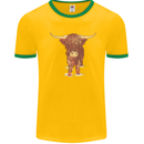 Highland Cattle Cow Scotland Scottish Mens White Ringer T-Shirt Gold/Green