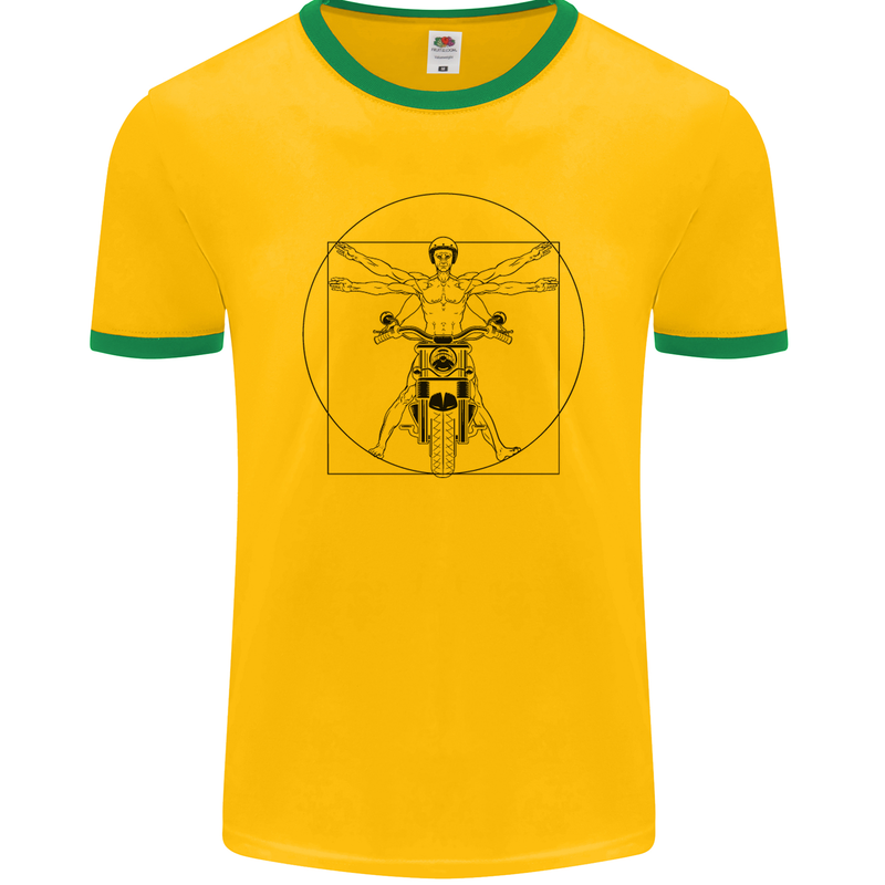 Vitruvian Biker Motorcycle Motorbike Mens Ringer T-Shirt FotL Gold/Green