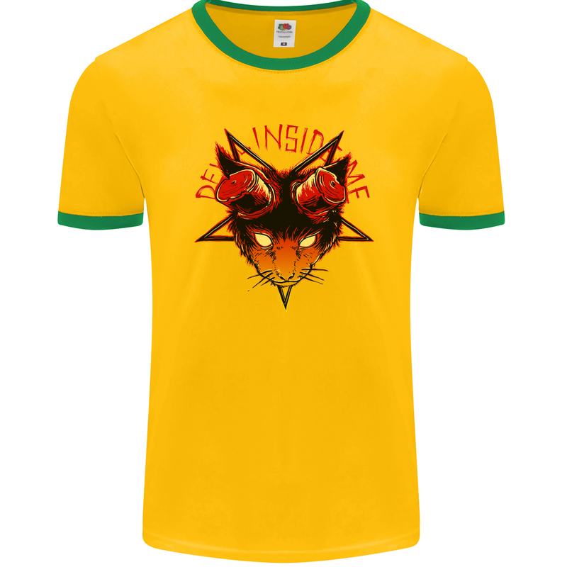 Devil Inside Me Satanic Cat Demon Evil Mens Ringer T-Shirt FotL Gold/Green