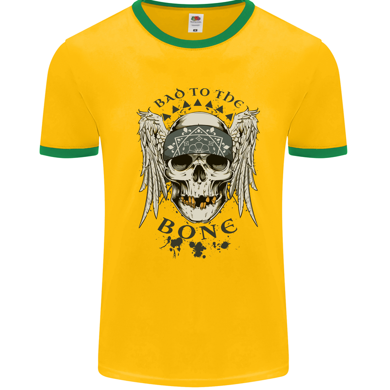 Bad to the Bone Biker Skull Angel Motorbike Mens White Ringer T-Shirt Gold/Green