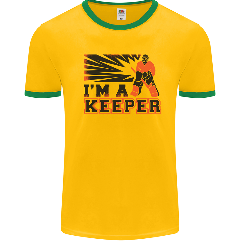 Hockey I'm a Keeper Funny Ice Street Mens White Ringer T-Shirt Gold/Green