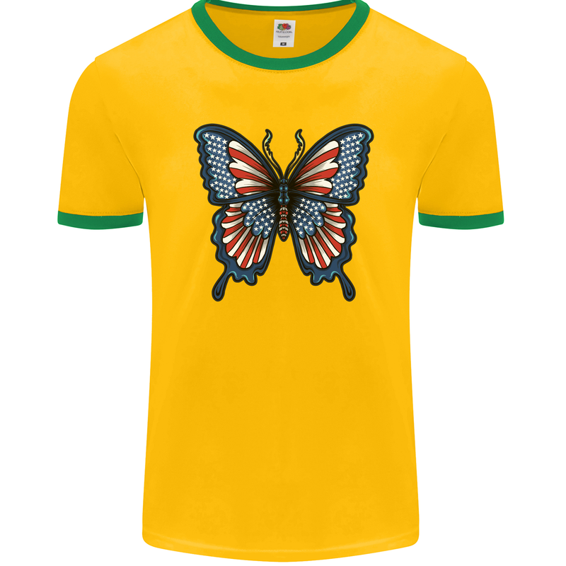 American Butterfly Flag USA July 4th Mens Ringer T-Shirt FotL Gold/Green