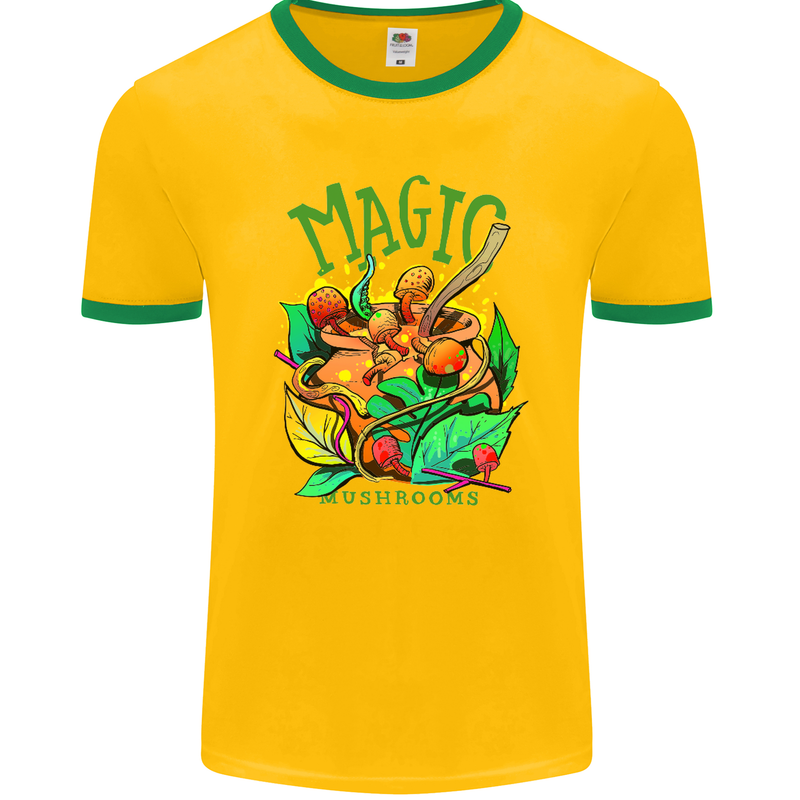 Magic Mushrooms Drugs LSD Acid Trip Mens Ringer T-Shirt FotL Gold/Green