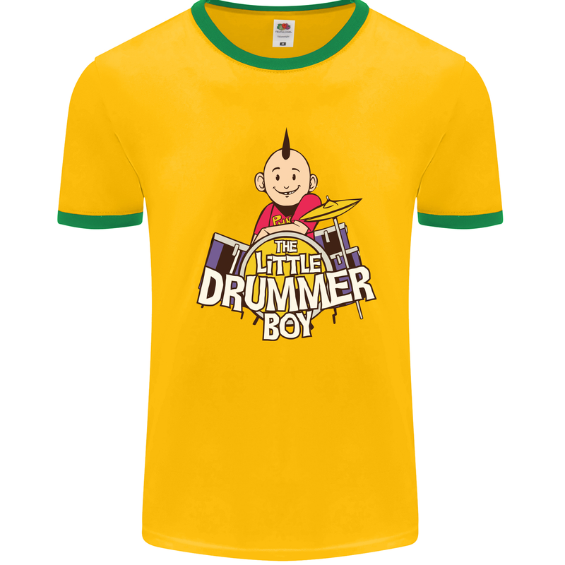 The Little Drummer Boy Funny Drumming Drum Mens White Ringer T-Shirt Gold/Green