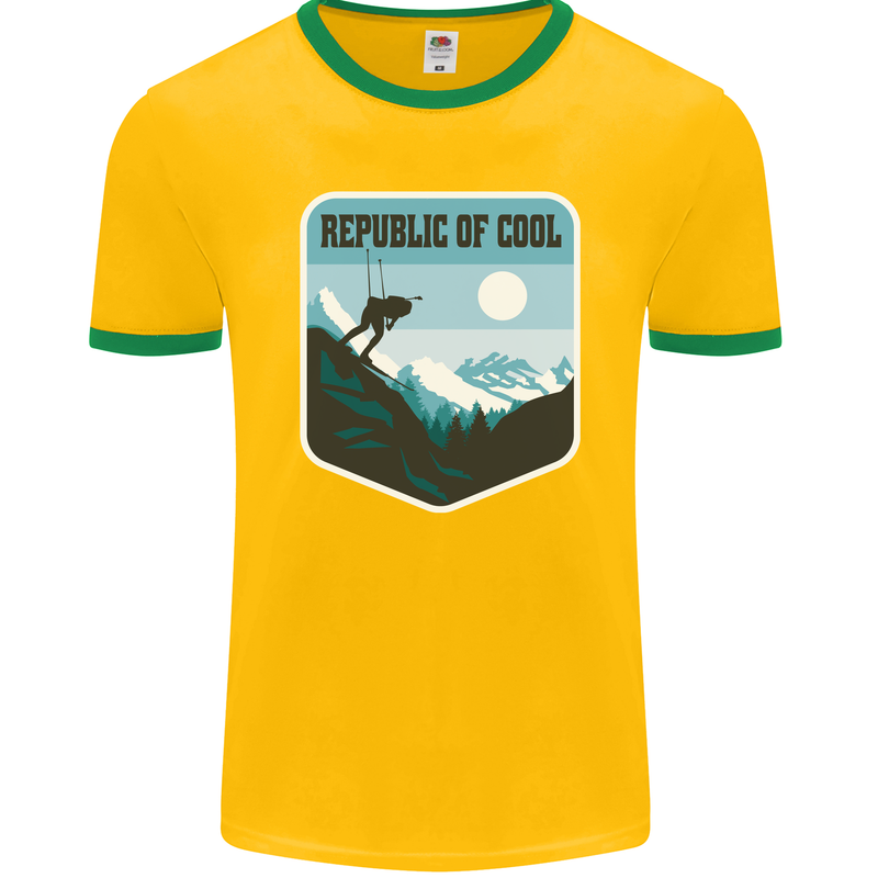 Republic of Cool Skiing Skier Ski Mens Ringer T-Shirt FotL Gold/Green