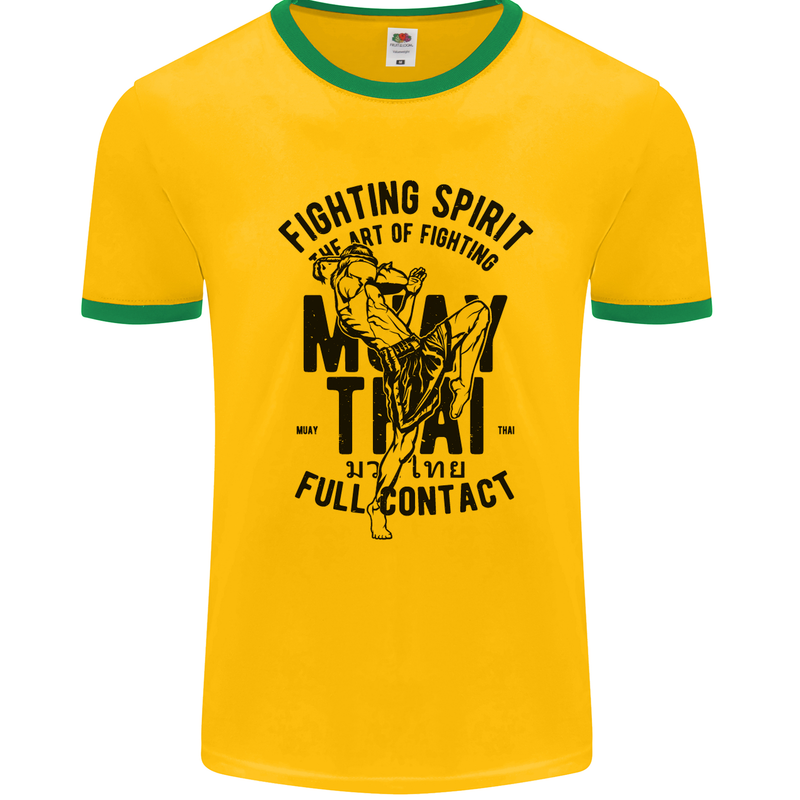 Muay Thai Full Contact Martial Arts MMA Mens White Ringer T-Shirt Gold/Green