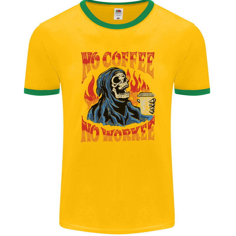 No Coffee No Work Funny Skull Grim Reaper Mens Ringer T-Shirt FotL Gold/Green