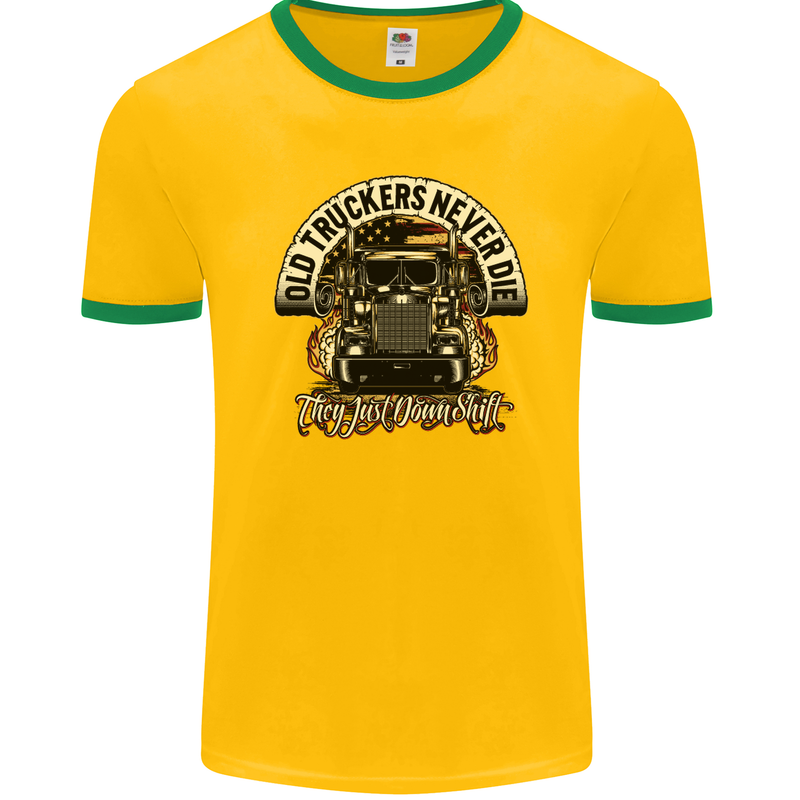 Old Truckers Never Die Lorry Driver Lorries Mens Ringer T-Shirt FotL Gold/Green