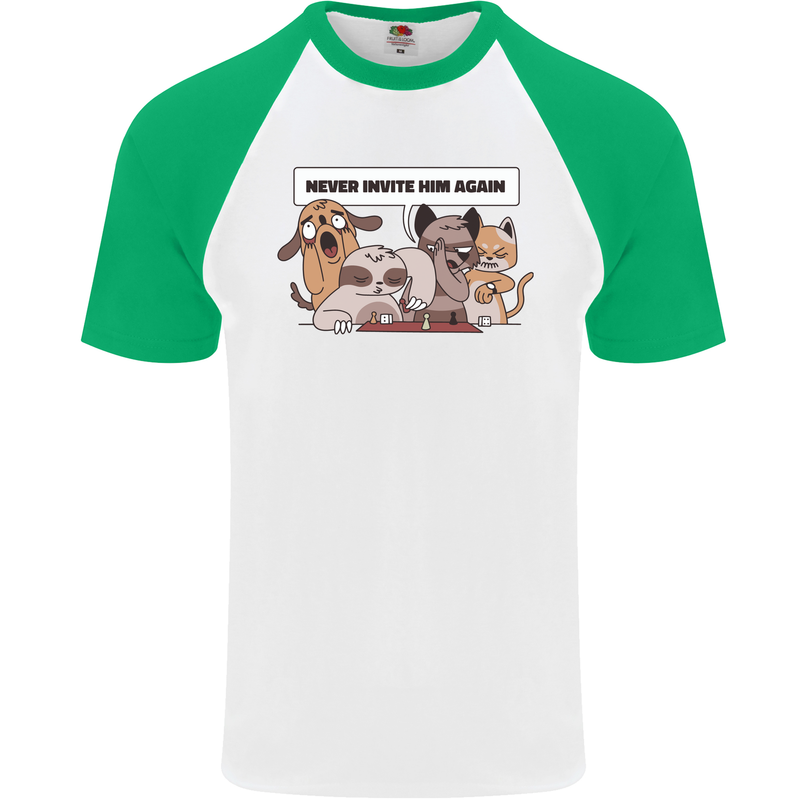 Sloth Board Games Funny Mens S/S Baseball T-Shirt White/Green