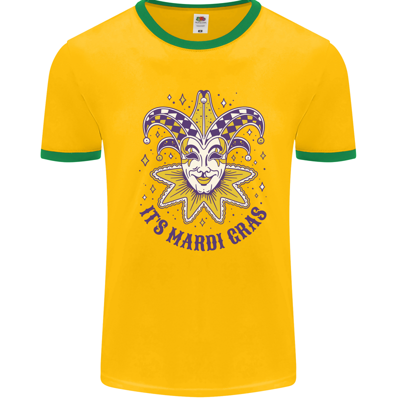 Its Mardi Gras Mens White Ringer T-Shirt Gold/Green