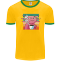 Grumpy Axolotl With Coffee Mens White Ringer T-Shirt Gold/Green