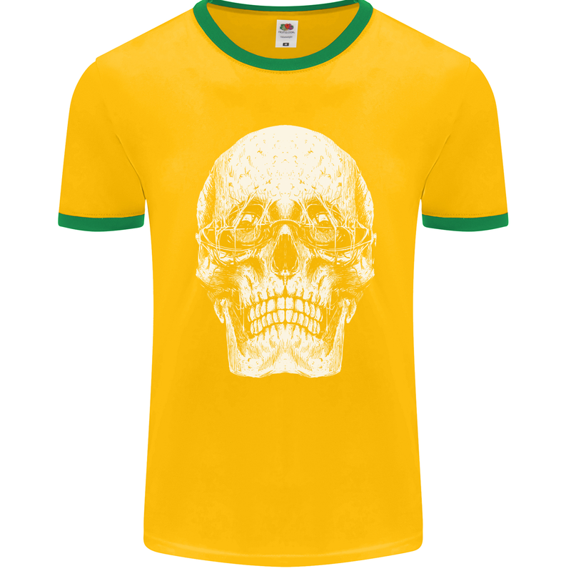 Old Man Skull With Glasses Gothic Biker Mens Ringer T-Shirt FotL Gold/Green