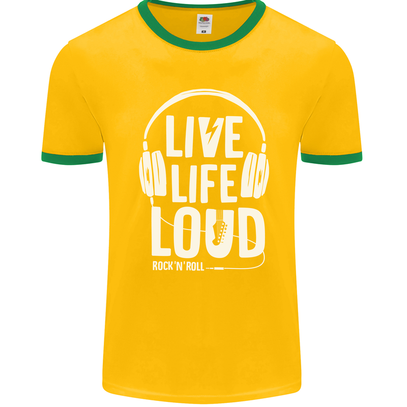 Music Live Life Loud Rock n Roll Guitar Mens Ringer T-Shirt FotL Gold/Green