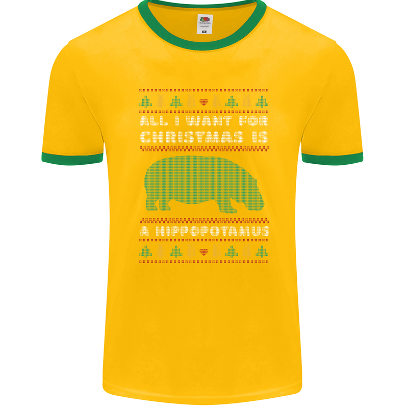 Hippopotamus Hippo Christmas Funny Mens Ringer T-Shirt FotL Gold/Green