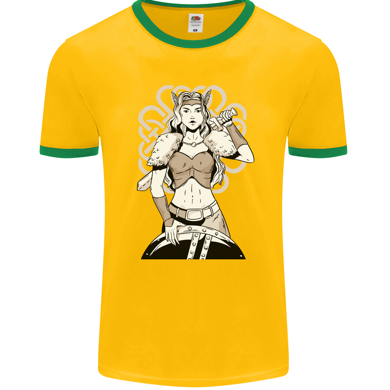 A Female Viking Shield Maiden Warrior Mens Ringer T-Shirt FotL Gold/Green