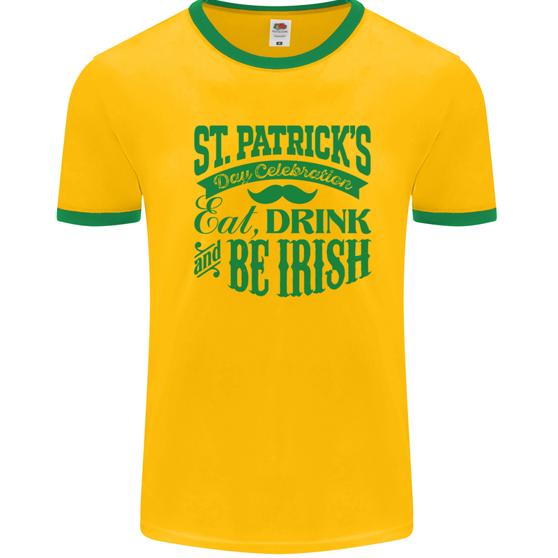 St. Patrick's Day Eat Drink Be Irish Beer Mens White Ringer T-Shirt Gold/Green