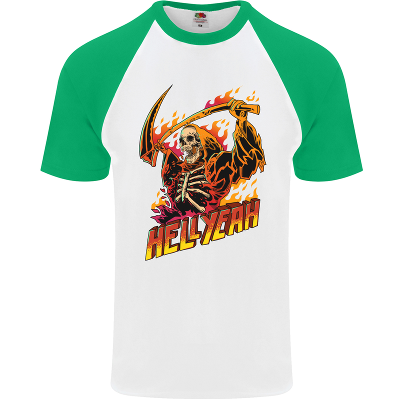 Hell Yeah Grim Reaper Skull Heavy Metal Mens S/S Baseball T-Shirt White/Green