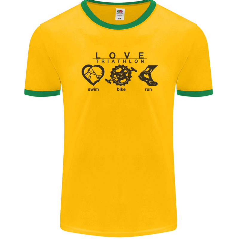 Love Triathlon Running Swimming Cycling Mens Ringer T-Shirt FotL Gold/Green