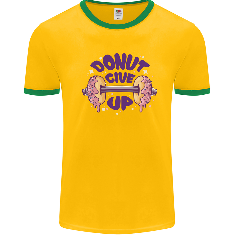 Donut Give Up Funny Gym Bodybuilding Mens White Ringer T-Shirt Gold/Green