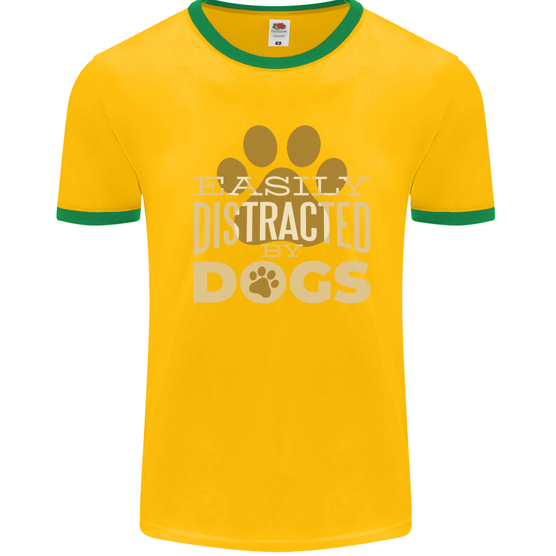 Easily Distracted By Dogs Funny ADHD Mens White Ringer T-Shirt Gold/Green