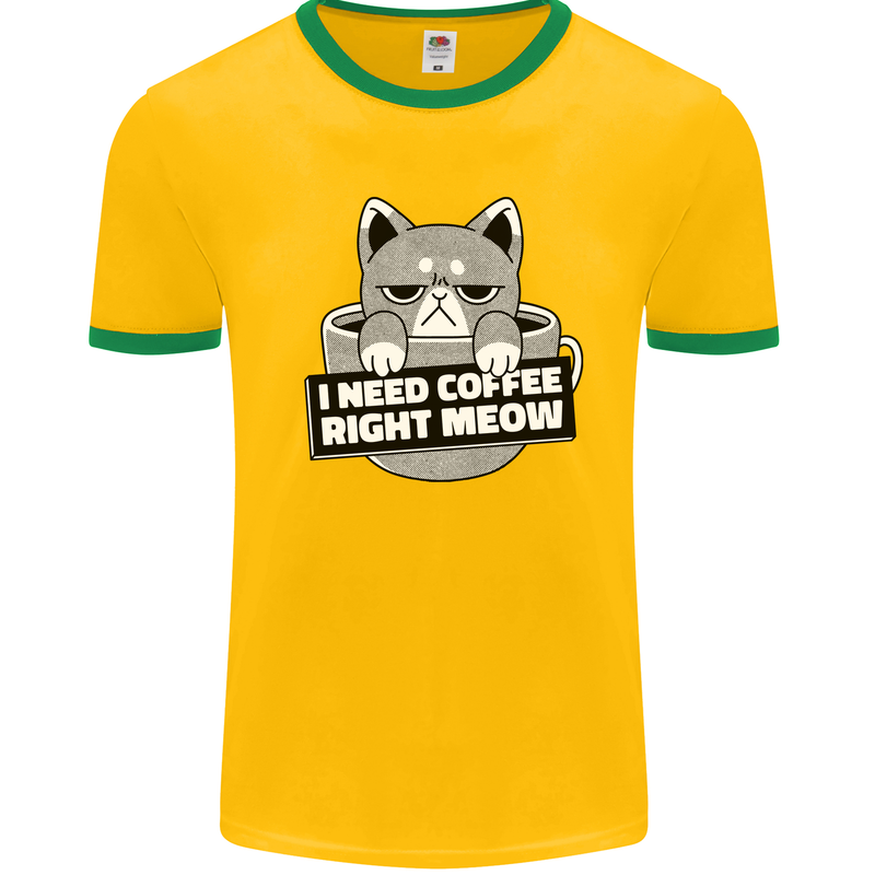 Cat I Need Coffee Right Meow Funny Mens White Ringer T-Shirt Gold/Green