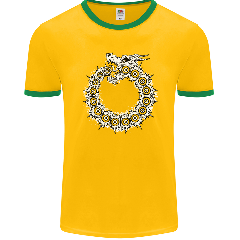 Dragon Symbol Fantasy Chinese Japanese Mens Ringer T-Shirt FotL Gold/Green