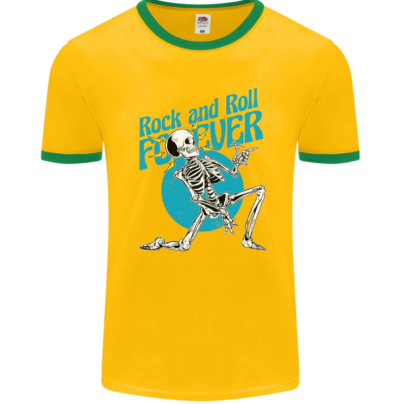 Rock & Roll Forever Air Guitar Skeleton Skull Mens Ringer T-Shirt FotL Gold/Green