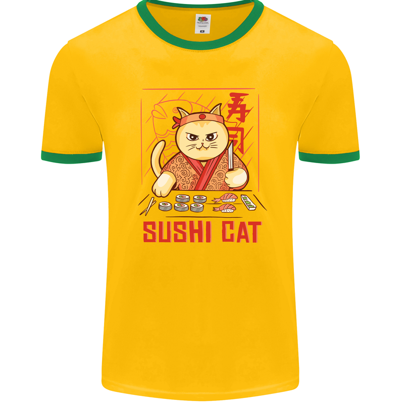 Funny Sushi Cat Food Fish Chef Japan Mens Ringer T-Shirt FotL Gold/Green