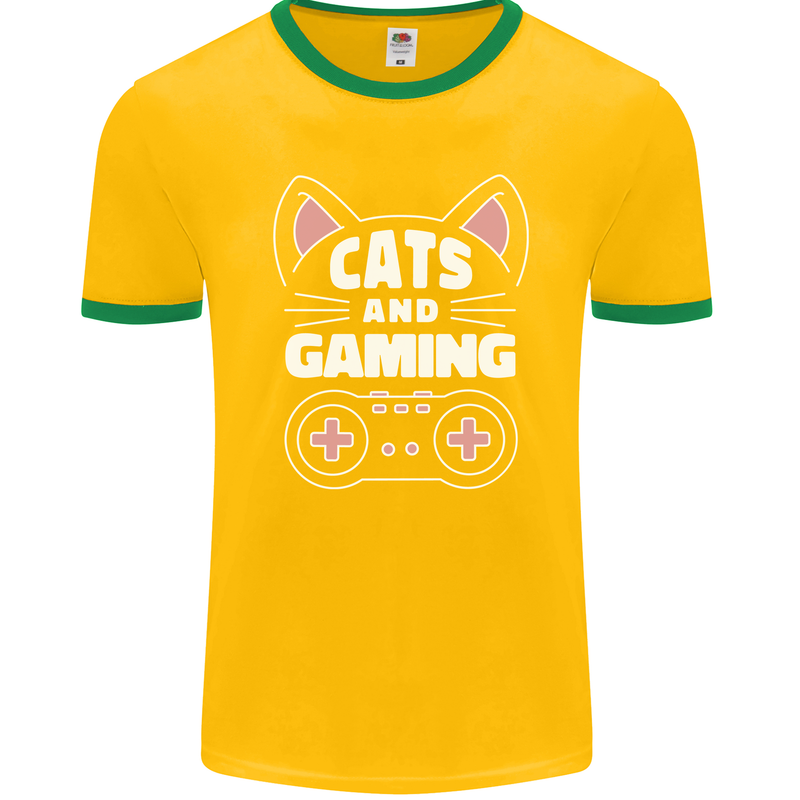 Cats and Gaming Funny Gamer Mens Ringer T-Shirt FotL Gold/Green