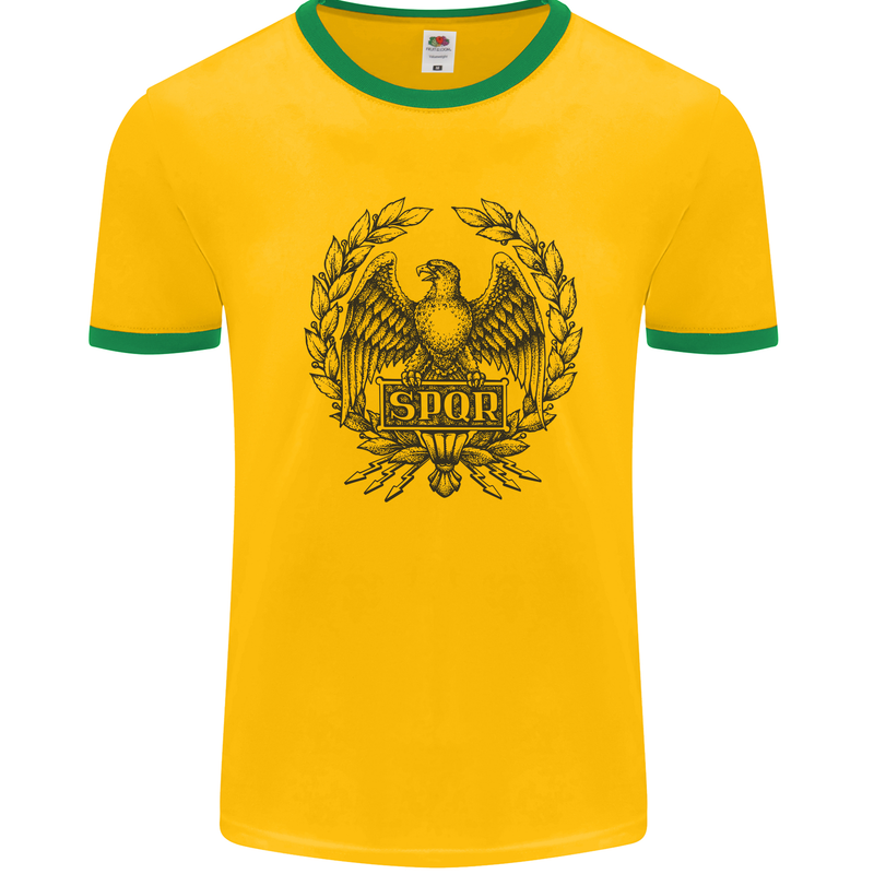 SPQR Roman Emblem Gym Training Top Mens White Ringer T-Shirt Gold/Green