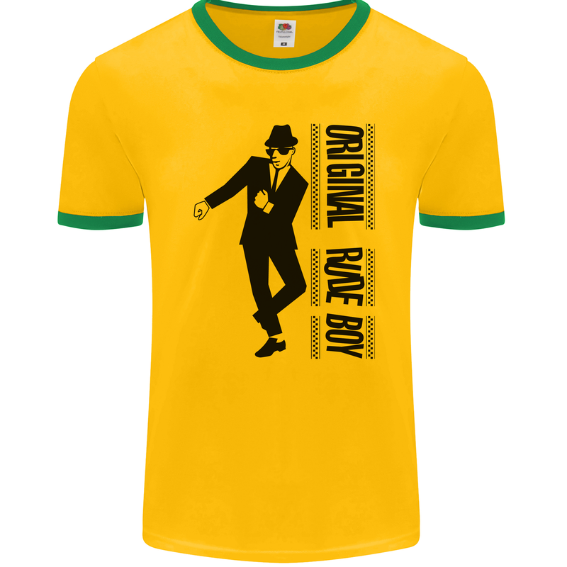 Original Rude Boy 2Tone 2 Tone SKA Mens Ringer T-Shirt FotL Gold/Green