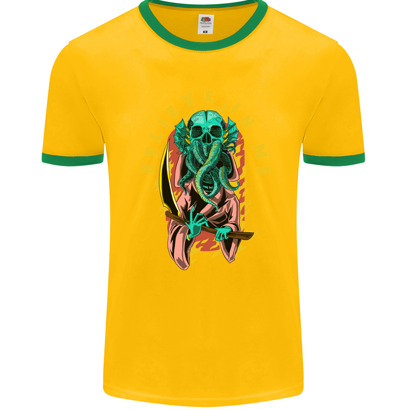 Cthulhu Believe in Me Octopus Kraken Skull Mens Ringer T-Shirt FotL Gold/Green