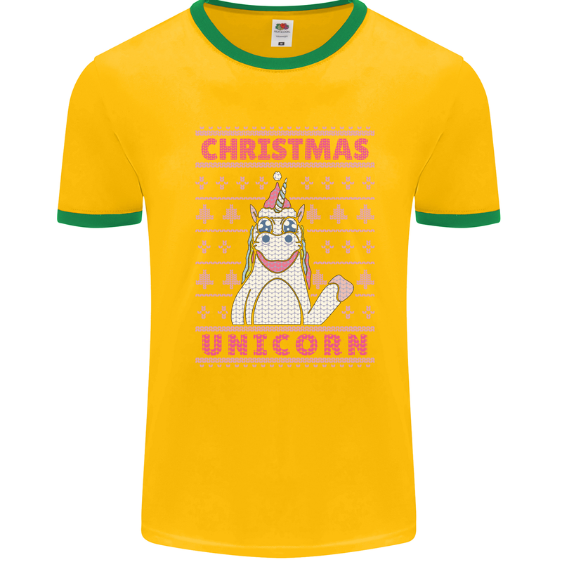 Funny Christmas Unicorn Mens White Ringer T-Shirt Gold/Green