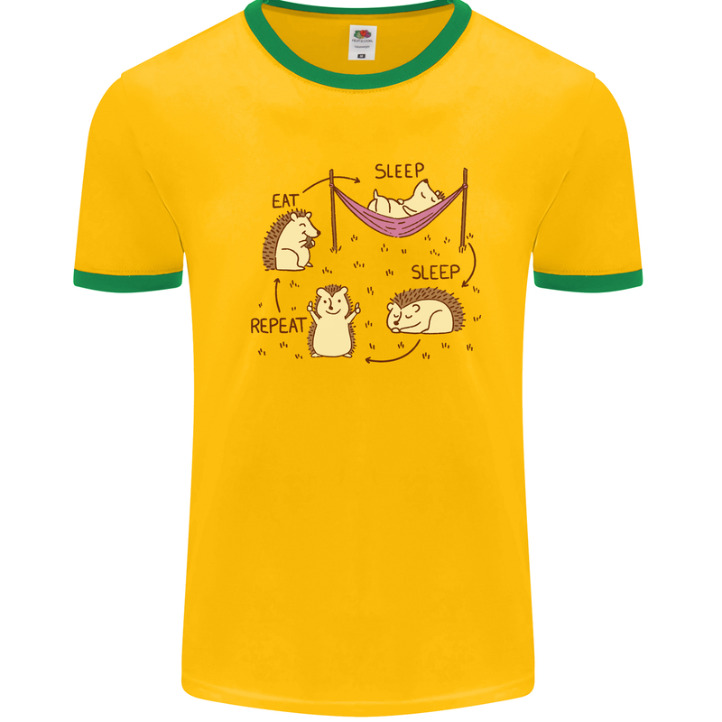 Funny, Hedgehog Eat Sleep Repeat Lover Mens White Ringer T-Shirt Gold/Green