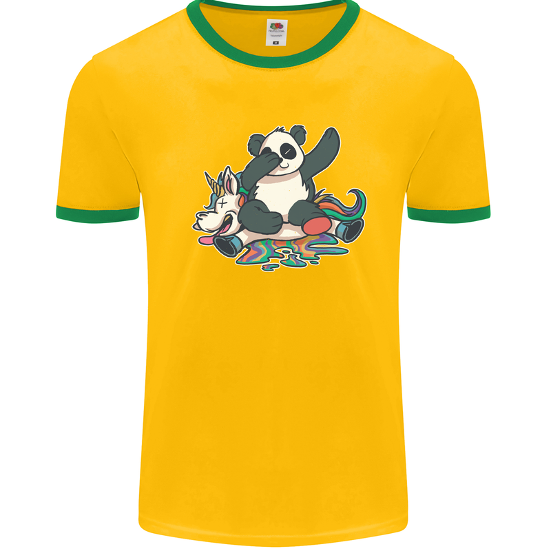 Dabbing Panda Squashing a Unicorn Funny Mens White Ringer T-Shirt Gold/Green