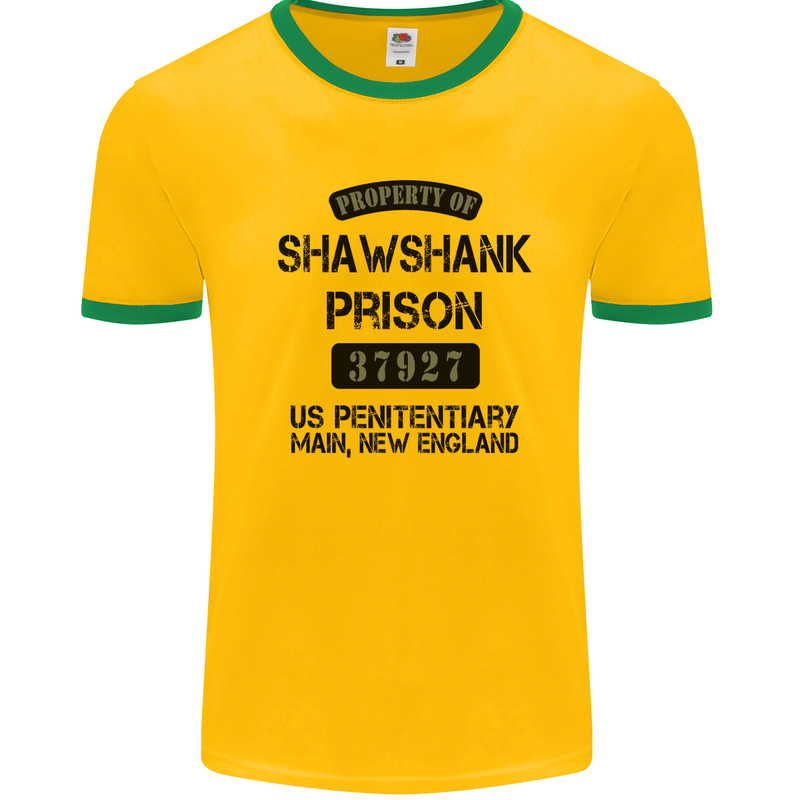 Property of Shawshank Prison Movie 90's Mens White Ringer T-Shirt Gold/Green