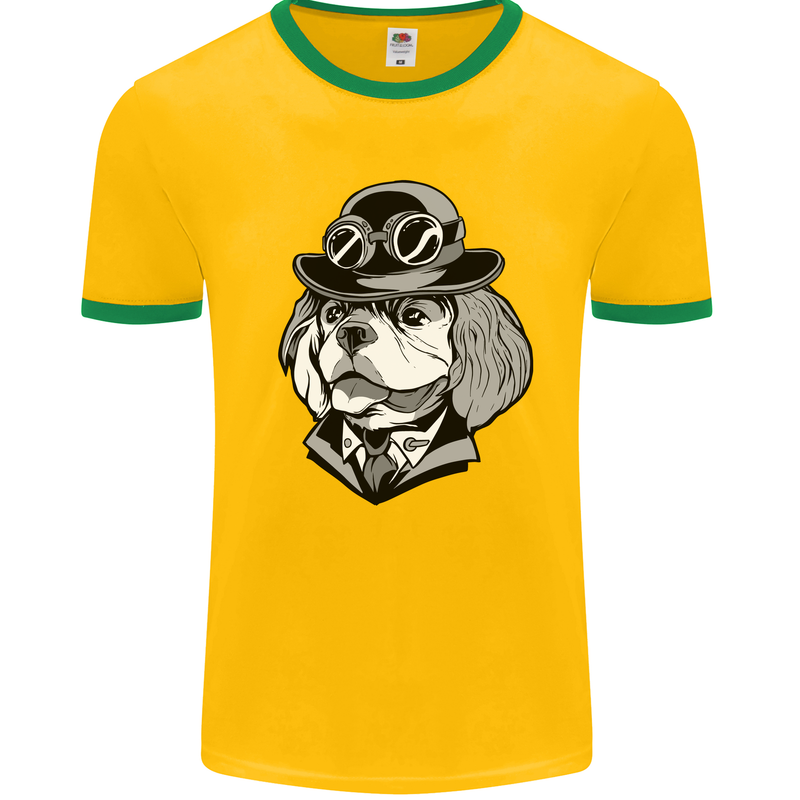 Steampunk King Charles Spaniel Cavelier Mens White Ringer T-Shirt Gold/Green