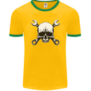 Spanner Skull Mechanic Car Biker Motorbike Mens Ringer T-Shirt FotL Gold/Green