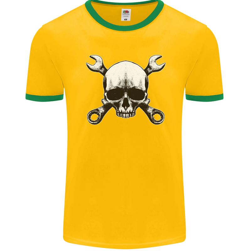 Spanner Skull Mechanic Car Biker Motorbike Mens Ringer T-Shirt FotL Gold/Green