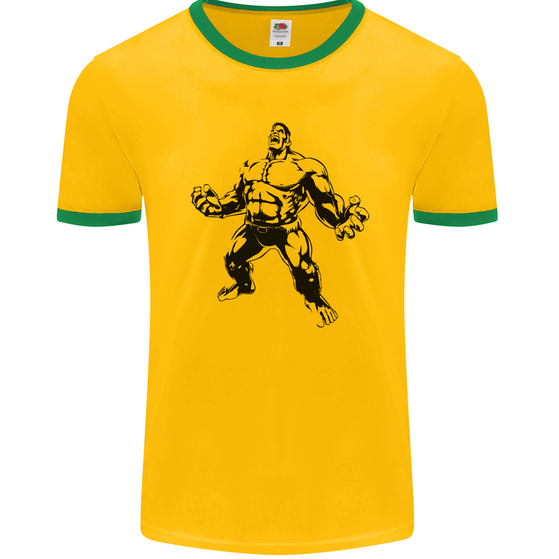 Muscle Man Gym Training Top Bodybuilding Mens Ringer T-Shirt FotL Gold/Green