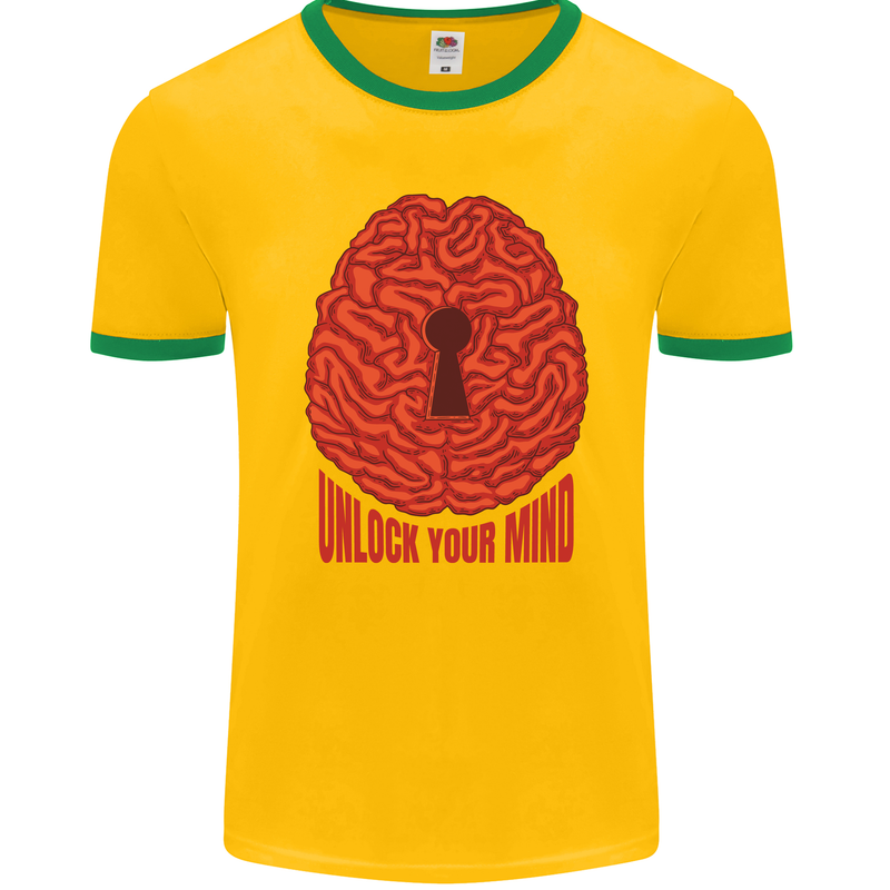 Unlock Your Mind Intelligence Psychology Mens Ringer T-Shirt FotL Gold/Green