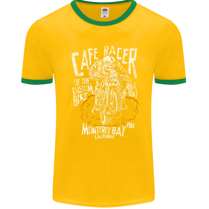 Cafe Racer Skull Motorcycle Biker Motorbike Mens Ringer T-Shirt FotL Gold/Green