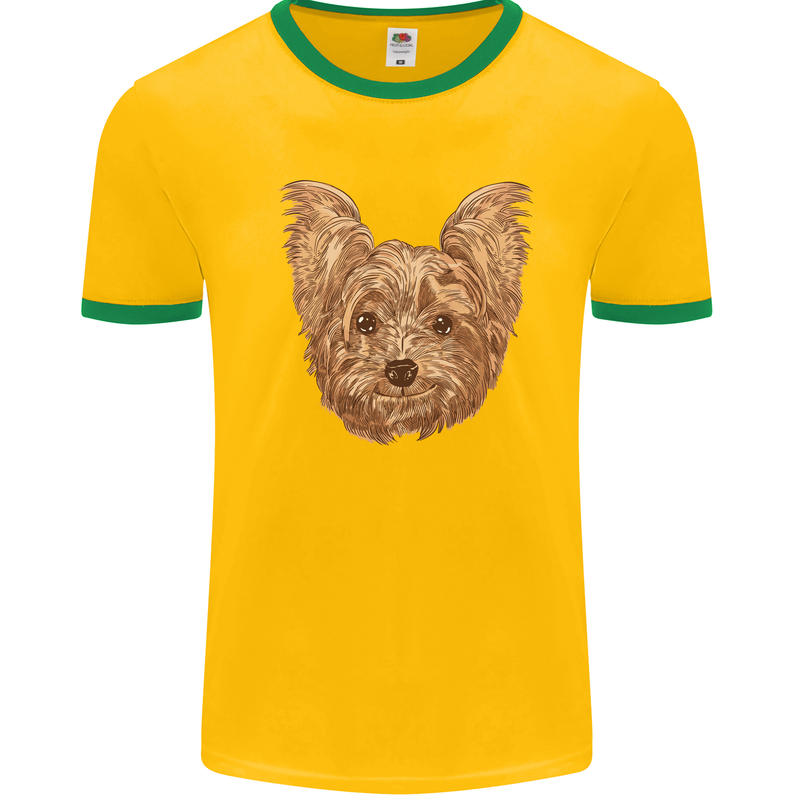 Dogs Smiling Yorkshire Terrier Mens White Ringer T-Shirt Gold/Green