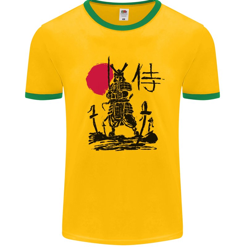 Samurai Battle MMA Kenjutsu Kendo Iaido Mens White Ringer T-Shirt Gold/Green