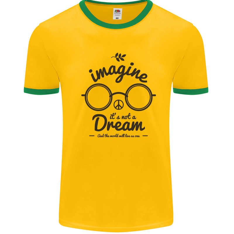 Imagine Its Not a Dream World Peace Hippy Mens White Ringer T-Shirt Gold/Green