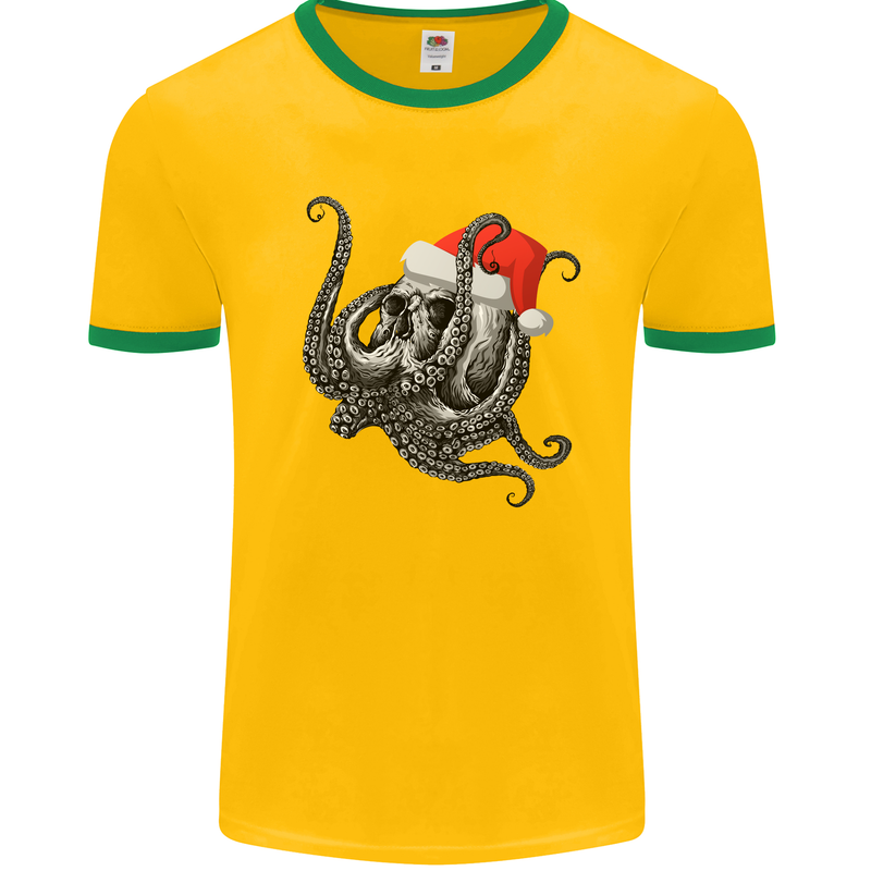 Christmas Cthulhu Skull Mens White Ringer T-Shirt Gold/Green