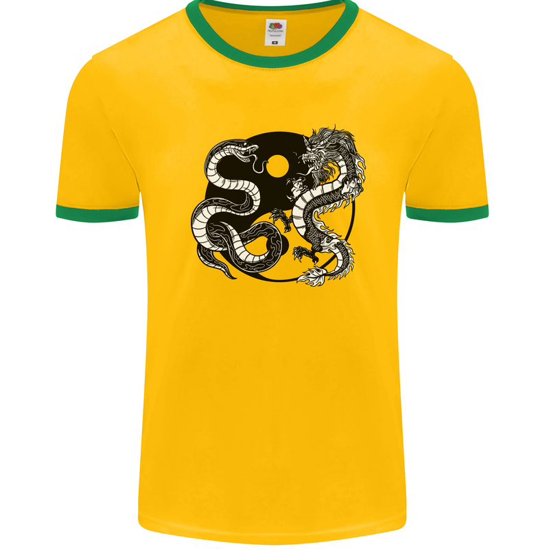 Yin Yang Dragons Japan Japanese Mens White Ringer T-Shirt Gold/Green