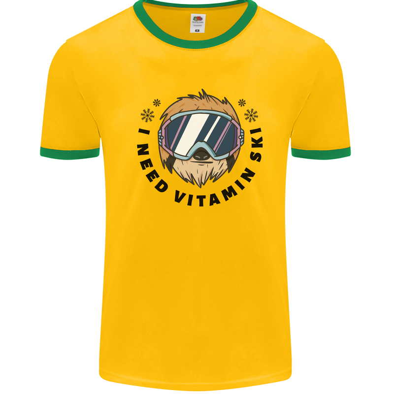 Vitamin Ski Funny Skiing Sloth Mens Ringer T-Shirt Gold/Green