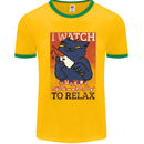 Cat I Watch Murder Documentaries to Relax Mens White Ringer T-Shirt Gold/Green